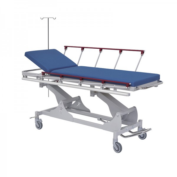Chariot brancard d'urgence : réglage hydraulique de la hauteur, acier peint, mains courantes rabattables et support intraveineux et directionnel (couleurs disponibles) Chariot brancard d'urgence : réglage hydraulique de la hauteur, acier peint, mains courantes rabattables et support intraveineux et directionnel (couleurs disponibles)